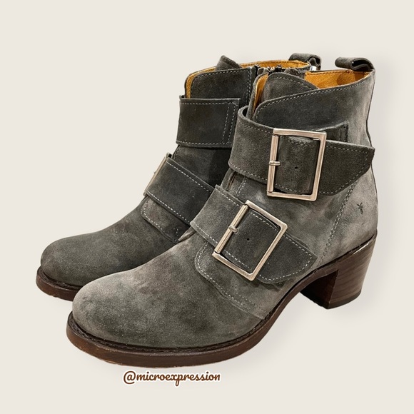 $399 Frye Sabrina Double Buckle Academia Grey Suede Leather Block Heel AnkleBoot - Picture 12 of 16